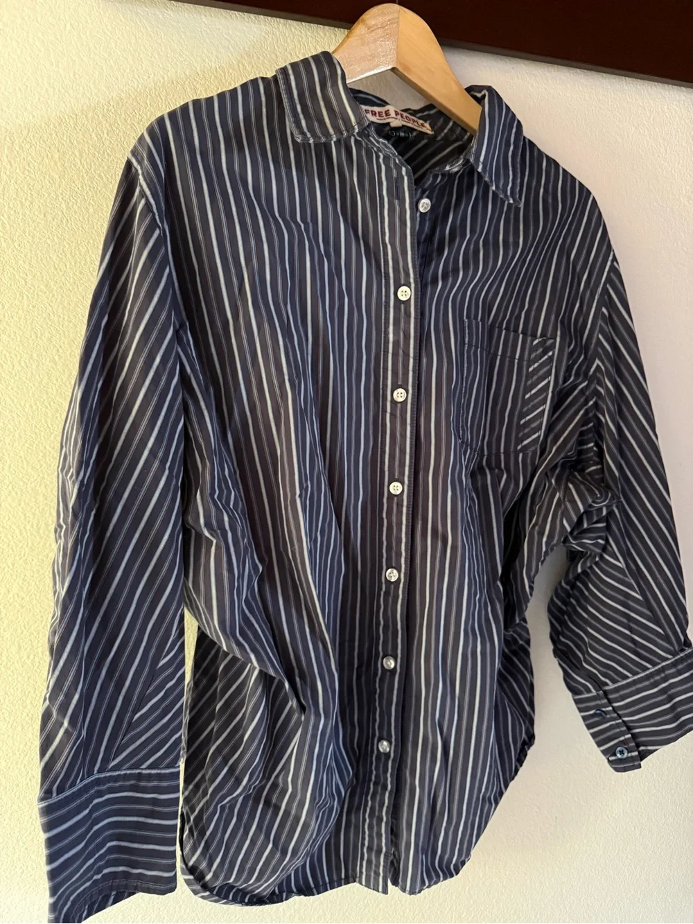 Free People Navy Striped Button-Down Shirt, Oversized, Dolman Sleeve Relaxed Fit